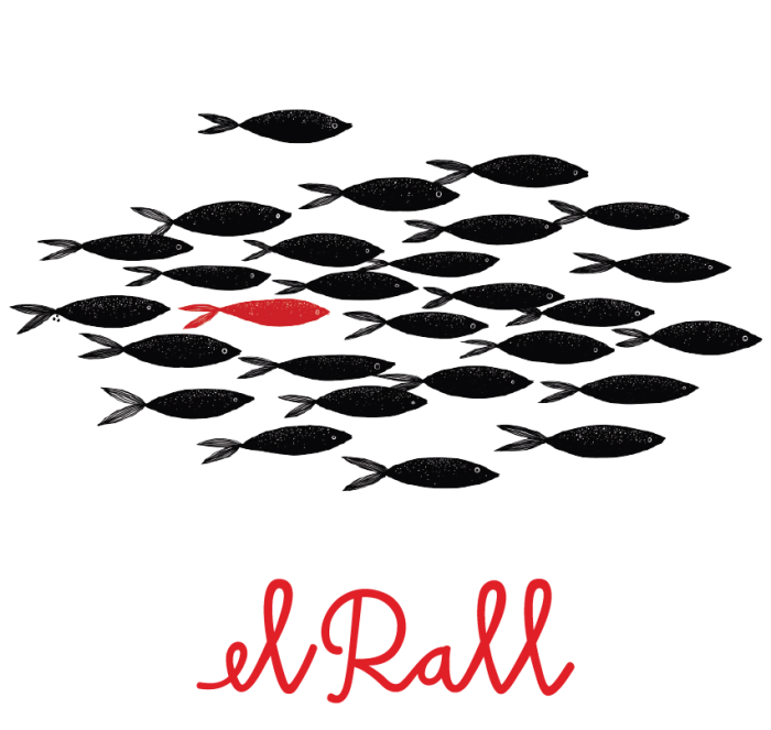 Etiqueta de El Rall: un banco de peces con un pez rojo
