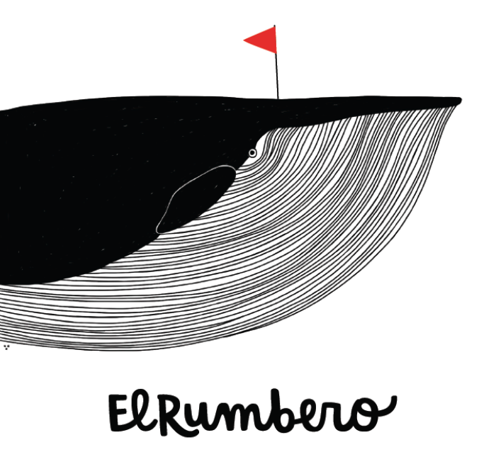Etiqueta de El Rumbero: una ballena con bandera roja
