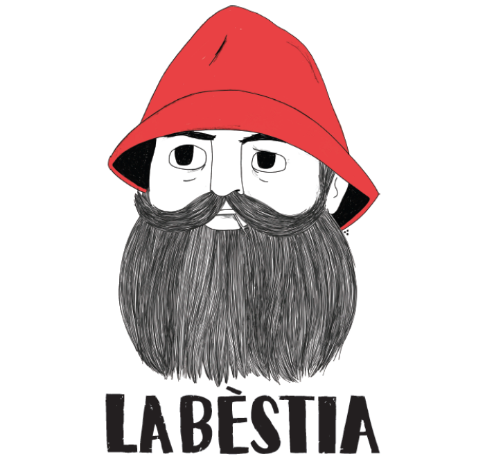 Etiqueta de La Bèstia: un pescador con barba y gorro rojo