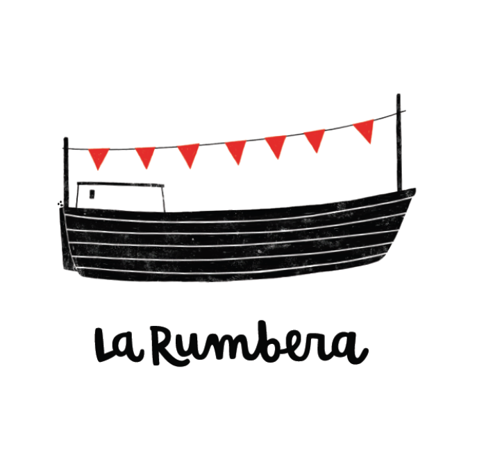Etiqueta de La Rumbera: una barca con banderines rojos